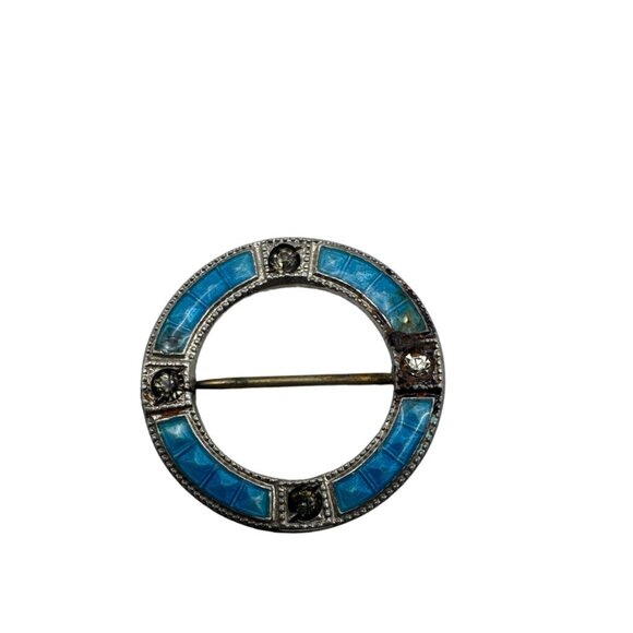Vintage Sterling Blue Guilloche Round Pin - Picture 1 of 11